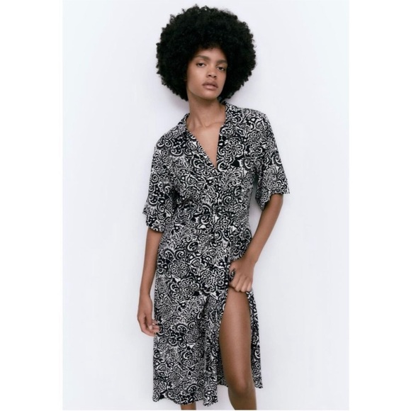 Zara Black White Printed Button Down Shirt Midi Dress V-Neck Lapel Collar Large - Picture 2 of 11